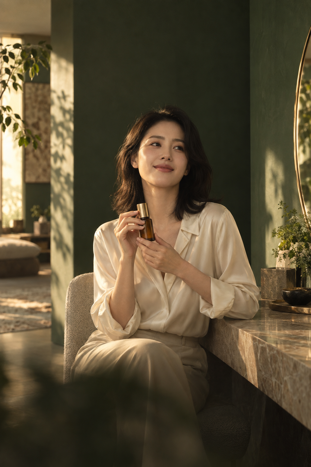 暖阳下，女子自然展示手中的琥珀色护肤品